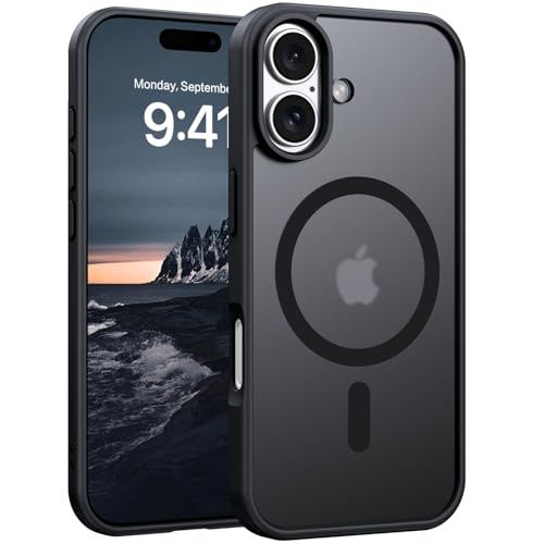A black protective phone case shown from both front and back angles. The back view features a circular MagSafe ring and a cutout for the Apple logo, indicating compatibility with an iPhone.